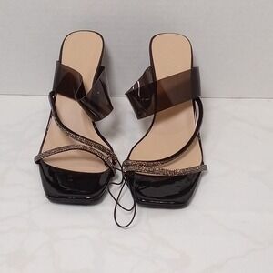 Nicole Miller Strappy Block Heel Size 7.5 Black Patent 4" Heel Embellished Strap